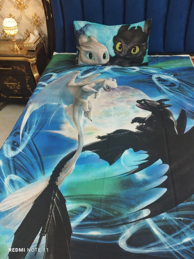 Dragon Dreams Blue Kids Bedsheet โ Magical Night & Light Dragon Fantasy Print