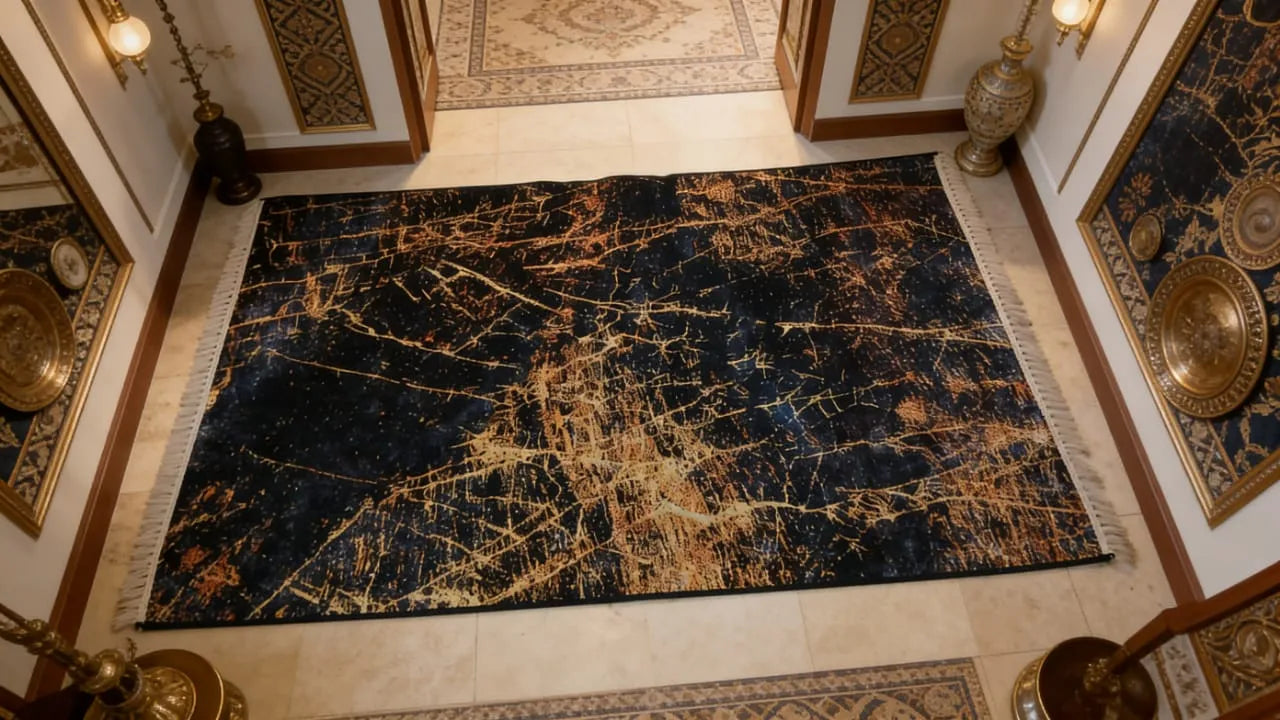 Luxury Blue & Gold Abstract Rug – Elegant Statement Floor Decor 34"×58