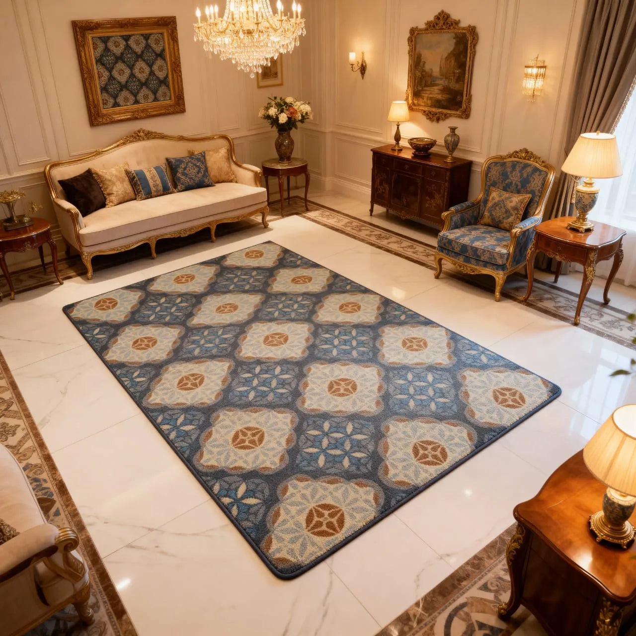 Classic Blue & Beige Patterned Rug – Timeless Luxury Floor Decor 80/120