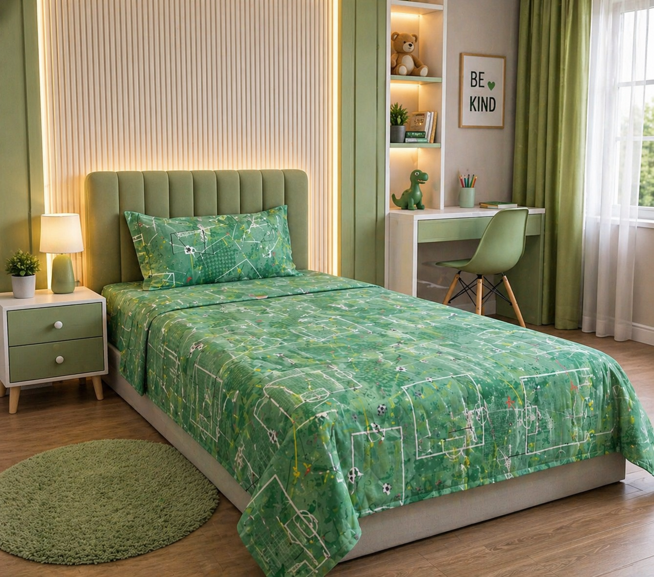 Football Theme Green Kids Bedsheet β Playful Sports Print for Little Champions