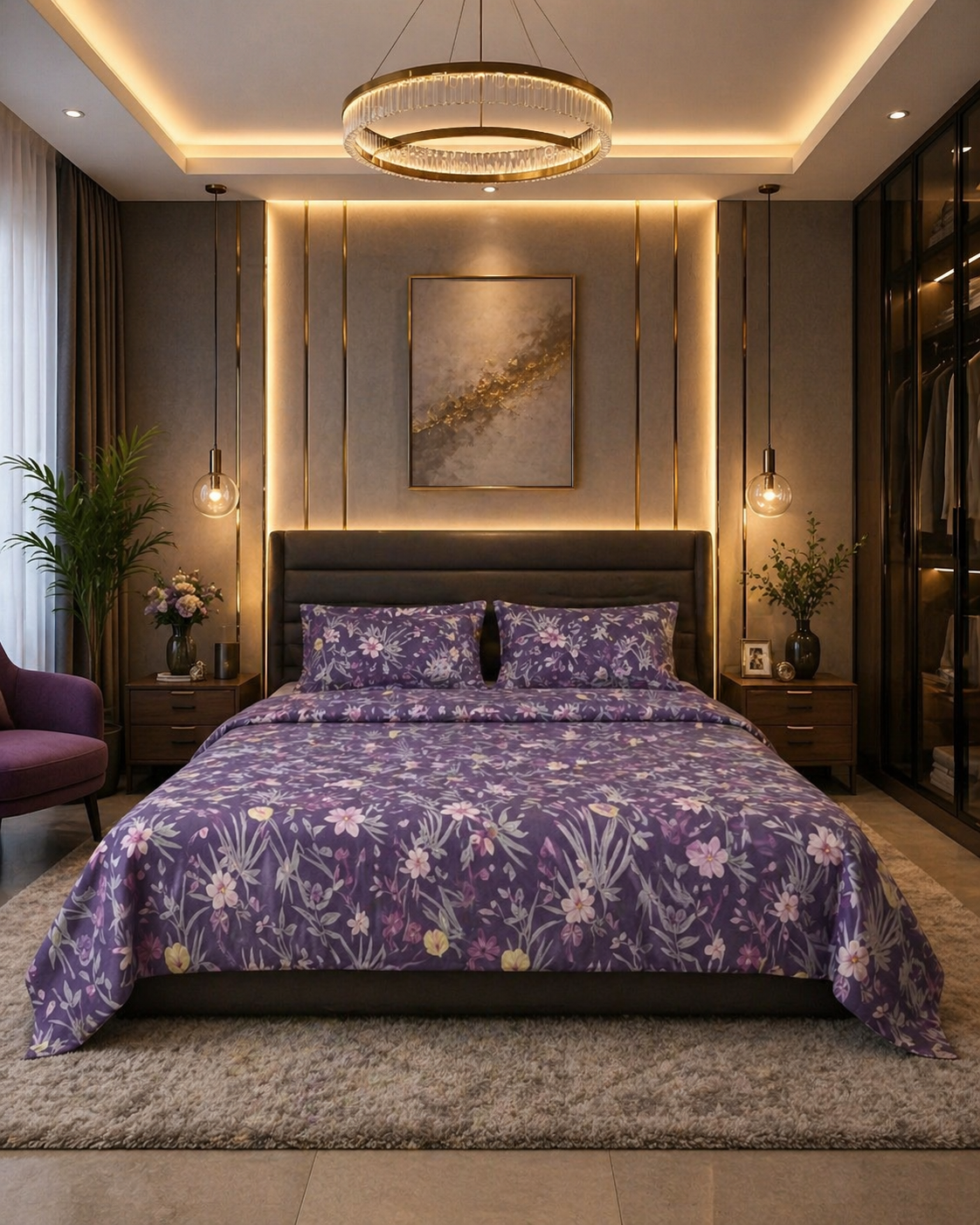 Purple Floral Cotton Sateen Bedsheet Set – Soft, Elegant & Premium Comfort