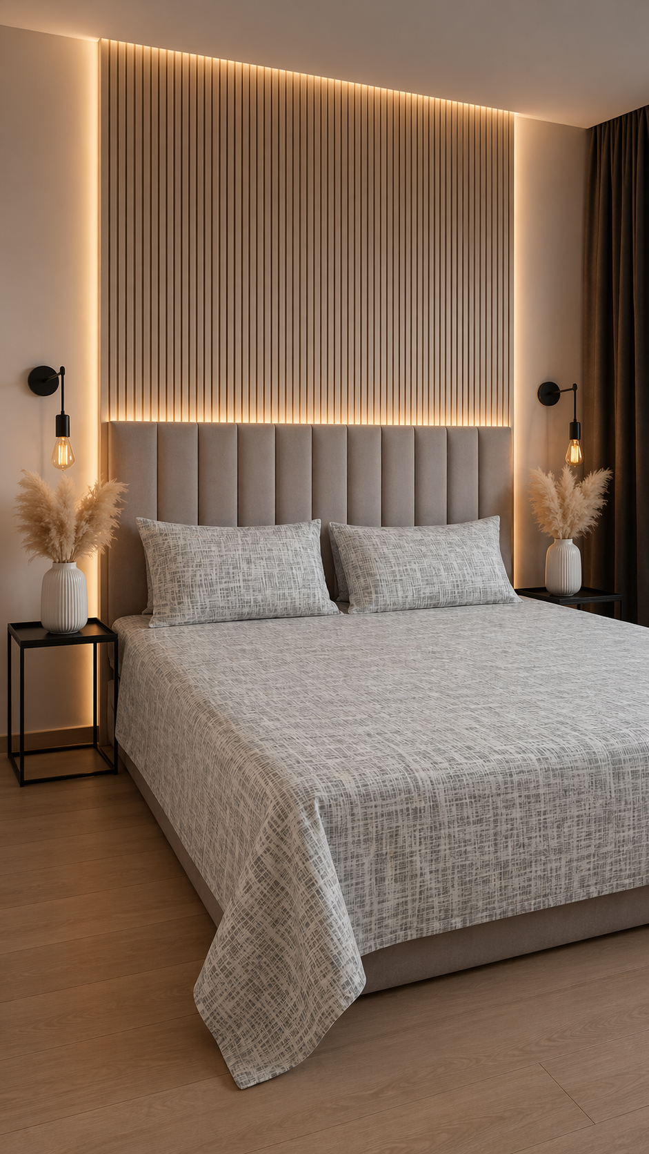 Textured Grey Minimal Printed Cotton Bedsheet Set with Pillow Covers
