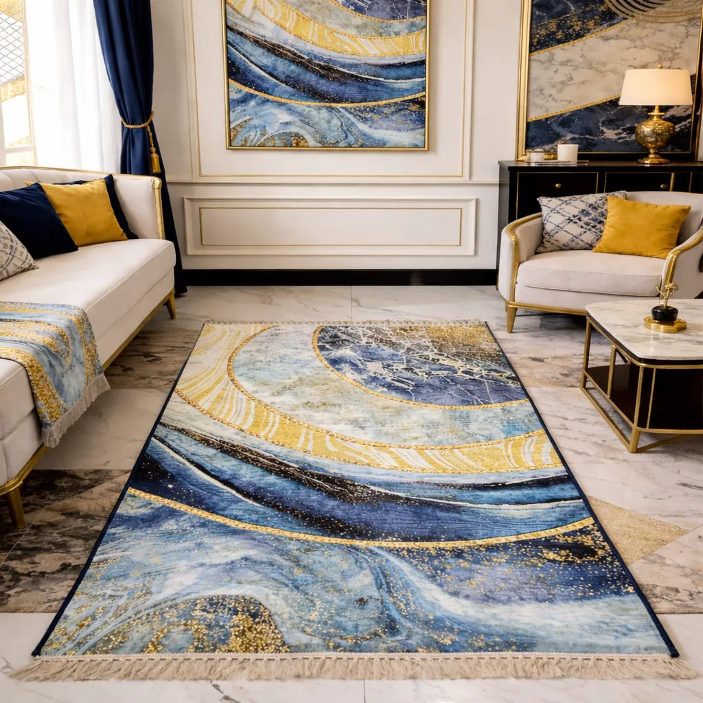 Luxury Blue & Gold Abstract Rug – Modern Art Decor 34"×58
