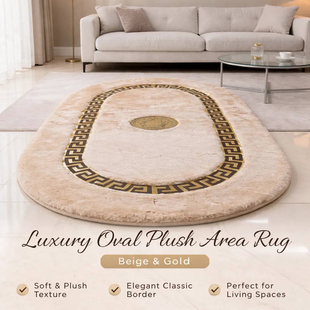 Luxury Oval Plush Area Rug with Classic Border Design – Beige & Gold