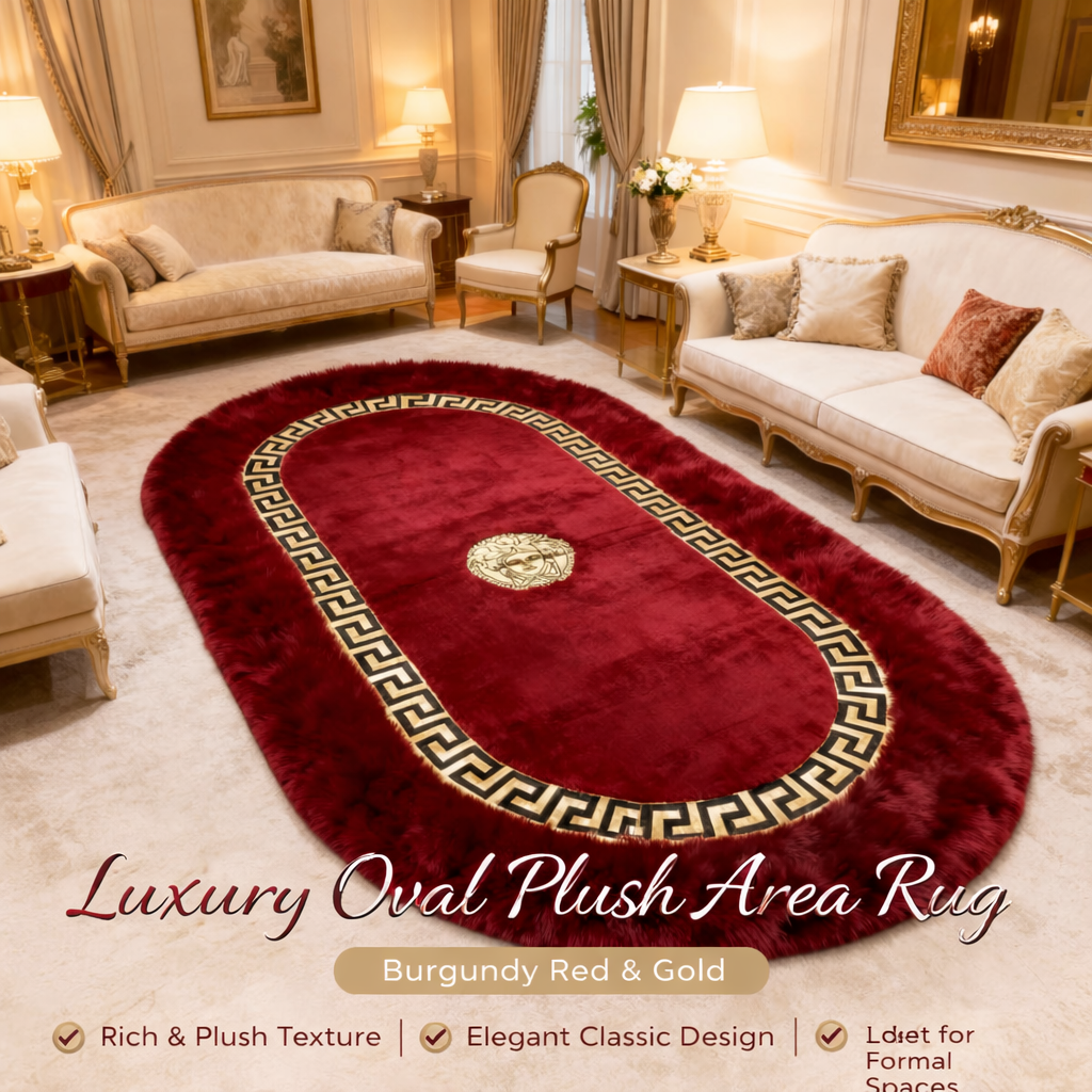 uxury Oval Plush Area Rug – Burgundy & Gold Classic Design