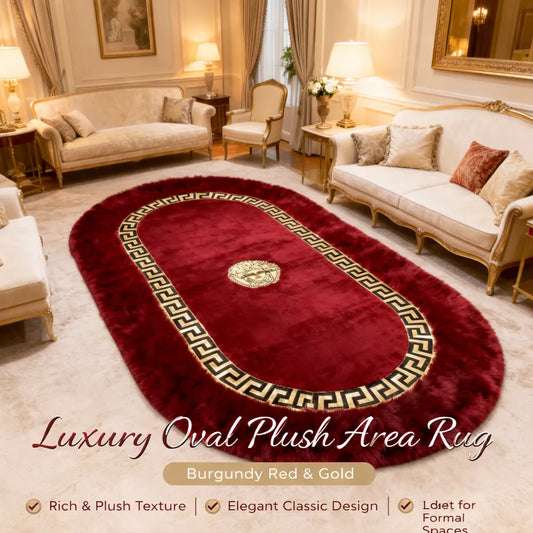 uxury Oval Plush Area Rug – Burgundy & Gold Classic Design