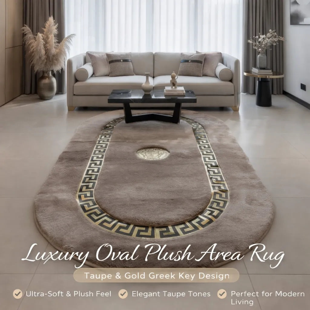 Luxury Oval Plush Area Rug – Taupe & Gold Greek Key Design