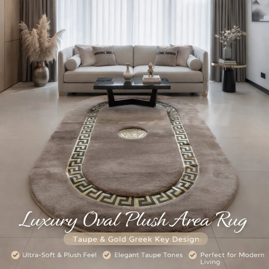 Luxury Oval Plush Area Rug – Taupe & Gold Greek Key Design