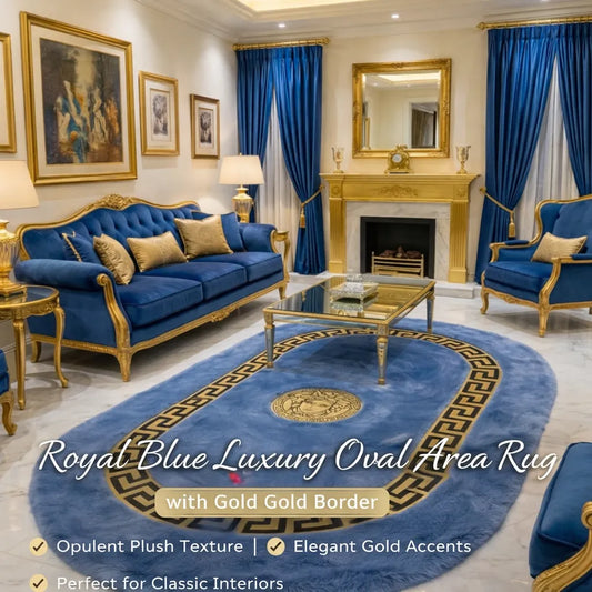 Royal Blue Luxury Oval Area Rug with Gold Border Key Design
