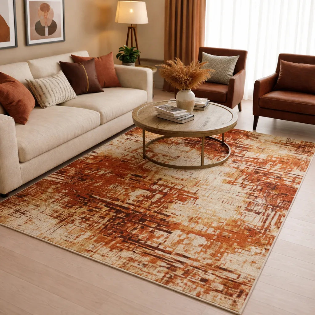 Modern Abstract Rug – Rust & Beige Contemporary Floor Decor 46"×70"