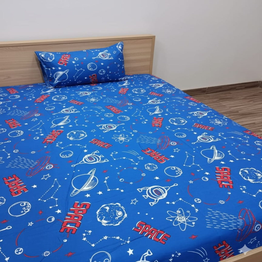 Space Adventure Blue Kids Bedsheet – Rocket & Planet Print for Little Explorers