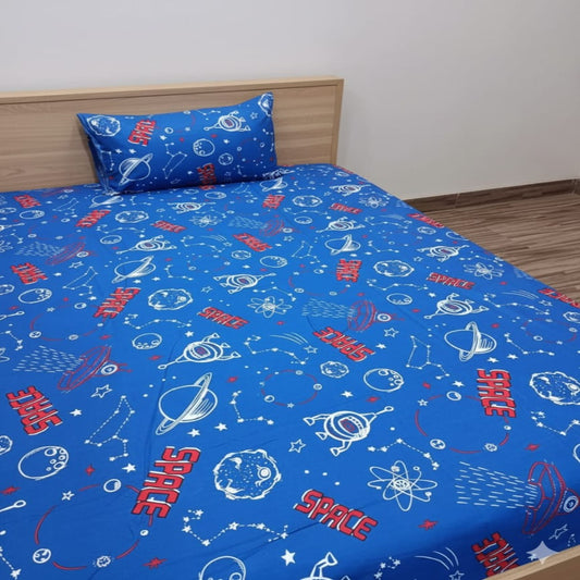 Space Adventure Blue Kids Bedsheet – Rocket & Planet Print for Little Explorers