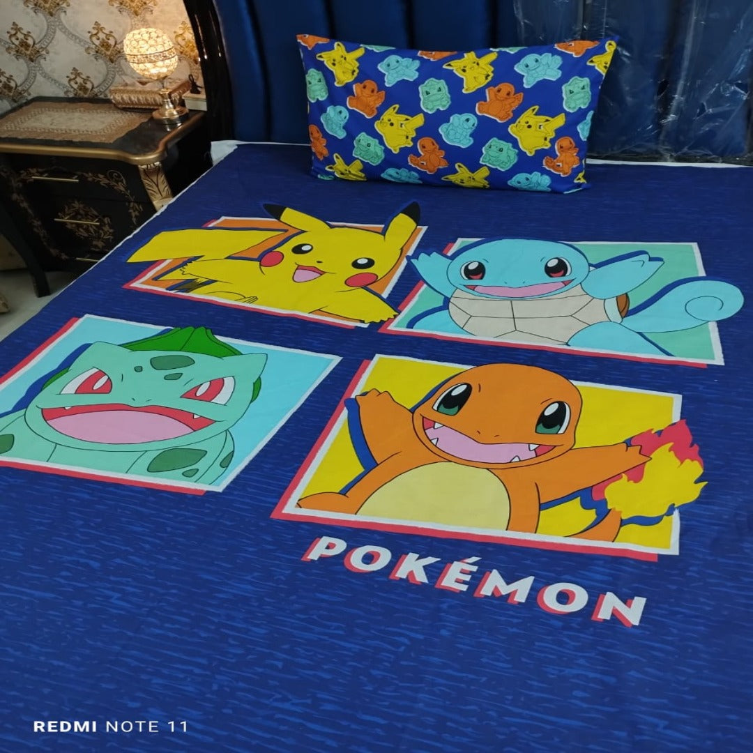 Pokémon Friends Blue Kids Bedsheet – Pikachu, Squirtle, Bulbasaur & Charmander Print