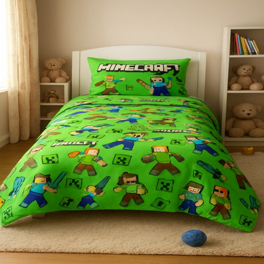 Minecraft Green Kids Bedsheet – Gaming Adventure Print for Young Builders