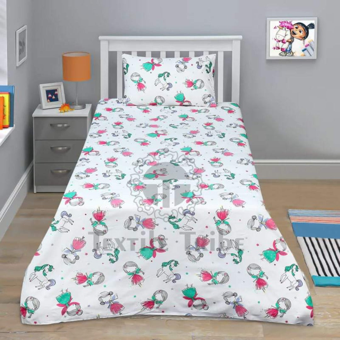 Fairy Garden White Kids Bedsheet – Cute Princess & Floral Print for Little Dreamers
