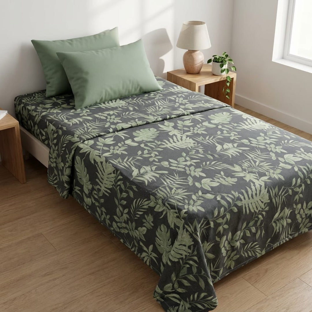 Tropical Leaf Printed Bedsheet Set with Pillow Covers | Soft, Breathable & All-Season Comfort