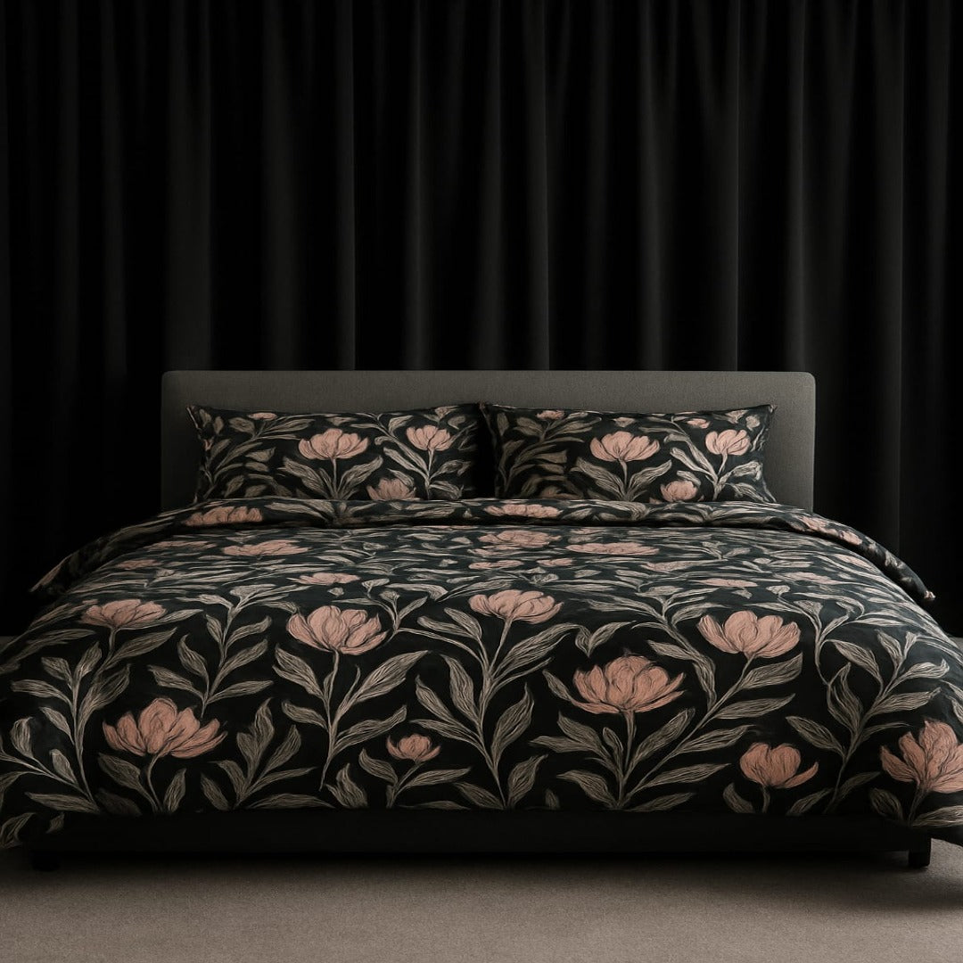 Velvet Night Cotton Bedsheet Set – Dark Floral Elegance