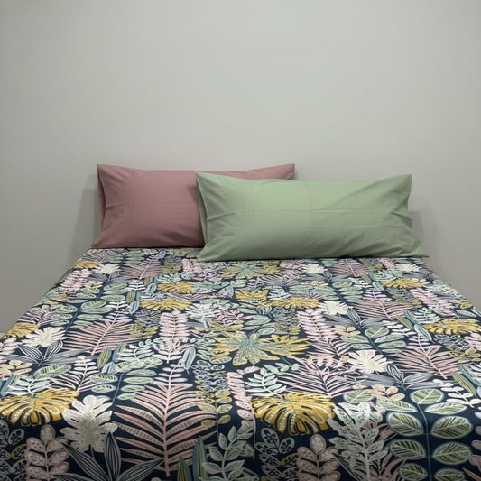 Cotton Satin Tropical Printed Bedsheet Set with Pillow Covers | Silky Soft & Breathable