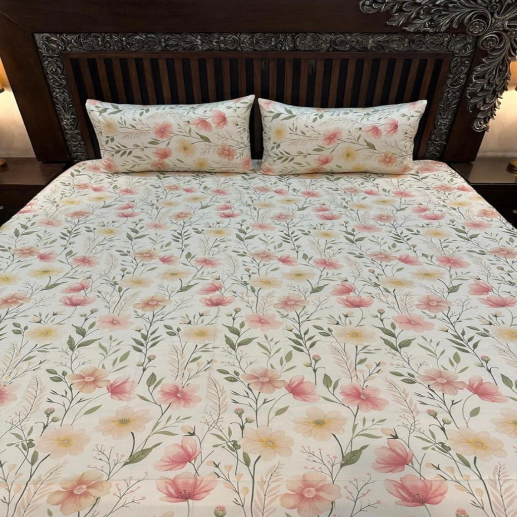 Soft Blossom Floral Printed Cotton Bedsheet Set with Pillow Covers