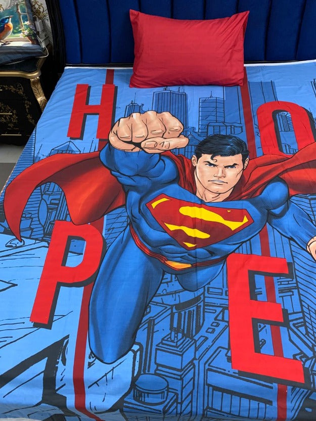 Superman Power Blue Kids Bedsheet – Flying Hero Action Print
