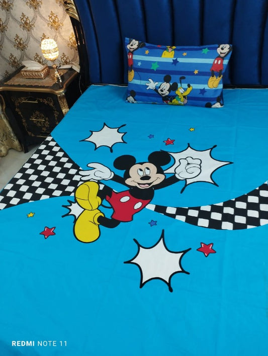 Mickey Mouse Fun Blue Kids Bedsheet – Playful Cartoon Print for Happy Rooms