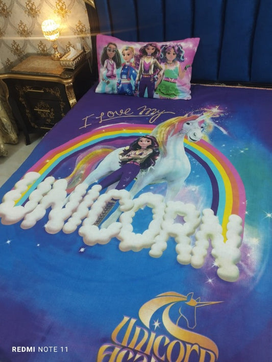 Unicorn Magic Purple Kids Bedsheet – Rainbow & Fantasy Print for Little Dreamers