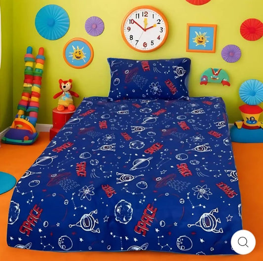 Space Explorer Blue Kids Bedsheet – Rocket & Planet Print