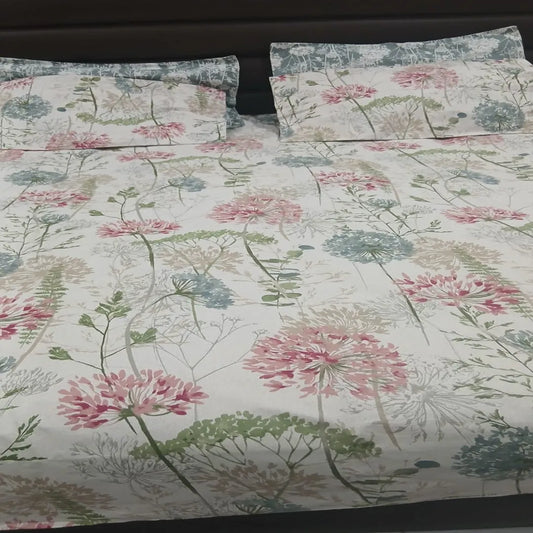 Pastel Meadow Floral Cotton Sateen Bedsheet Set – Soft Touch & Elegant Comfort