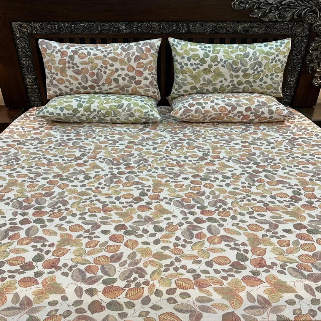 Autumn Leaf Printed Cotton Bedsheet Set with Pillow Covers