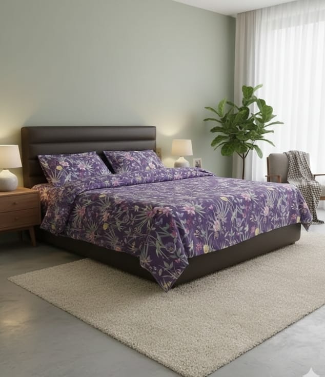 Purple Floral Cotton Bedsheet Set – Soft, Elegant & Premium Comfort