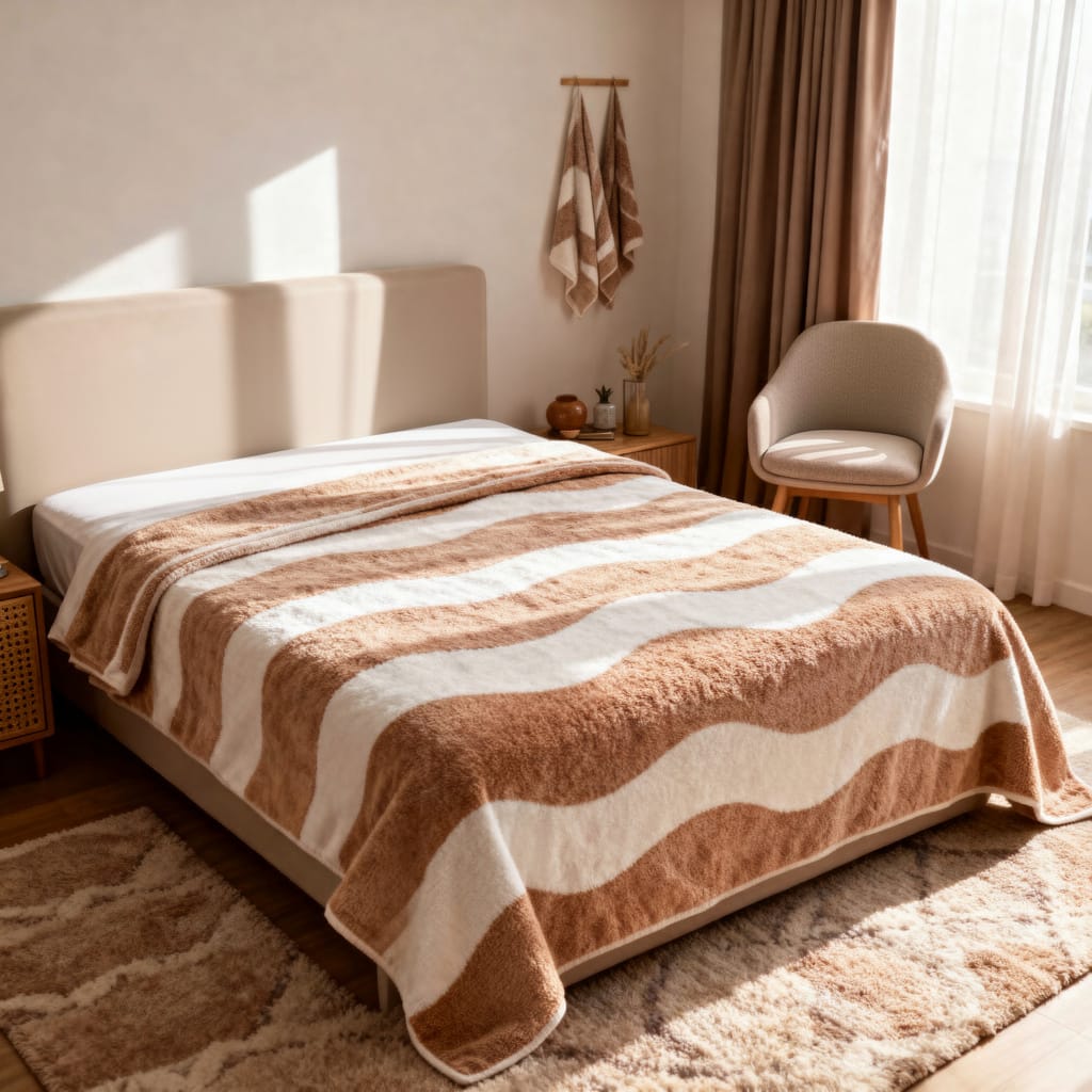 King Size Fleece Bedsheet – Brown & White Stripe, Super Soft