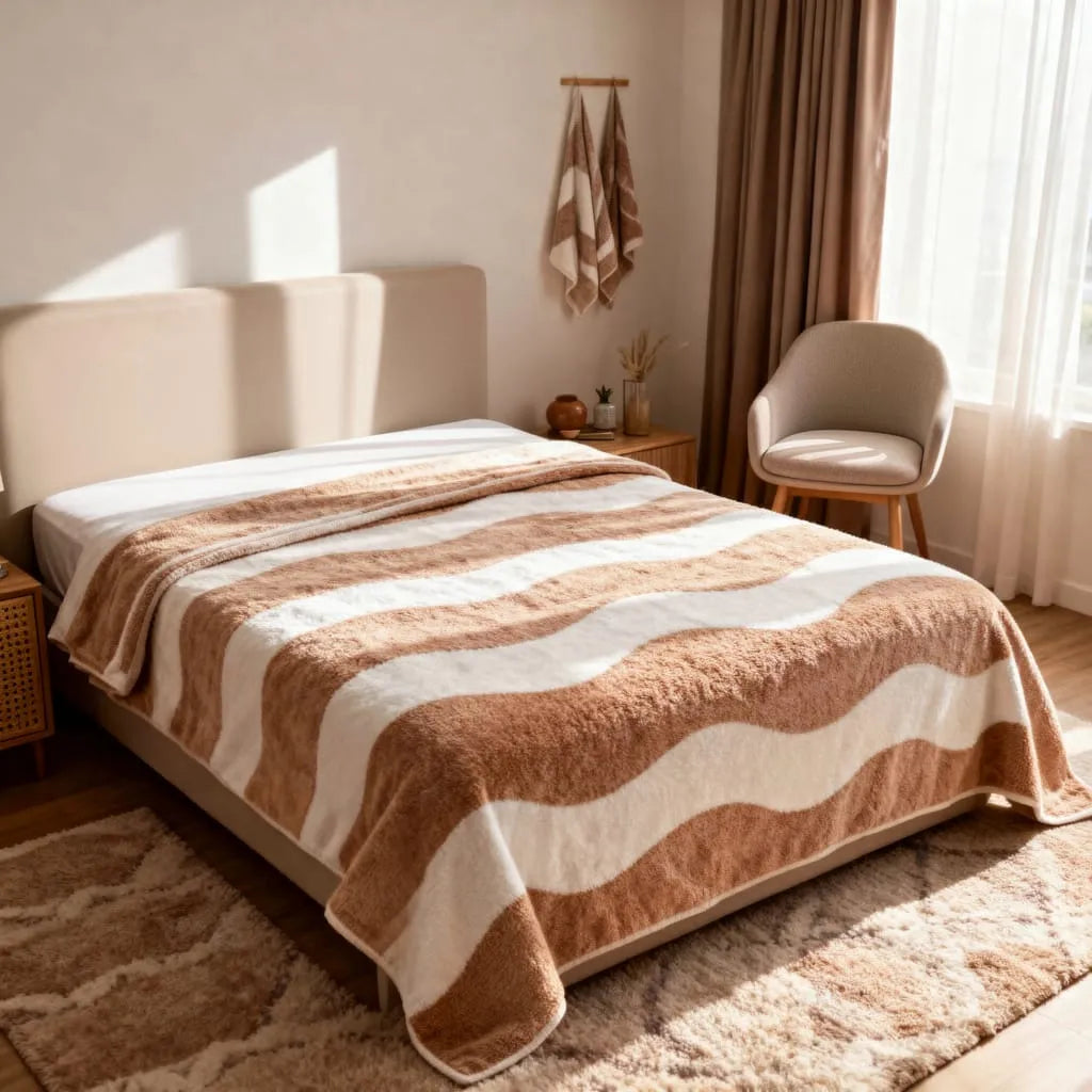 King Size Fleece Bedsheet – Brown & White Stripe, Super Soft
