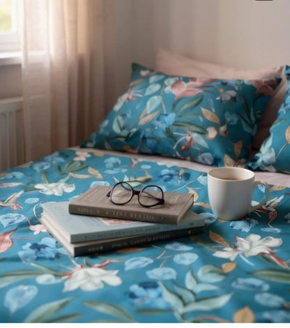 Floral Blue Cotton Bedsheet Set – Soft, Elegant & Premium Comfort