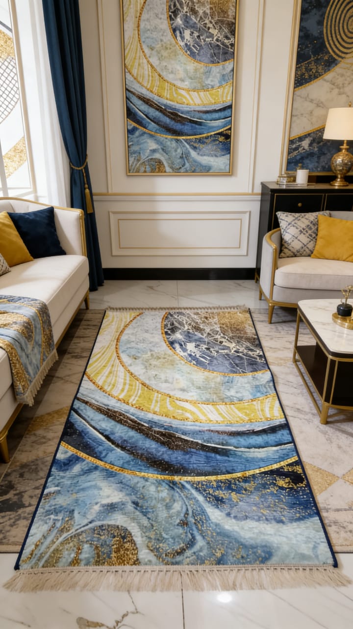Luxury Blue & Gold Abstract Rug – Modern Art Decor 34"×58