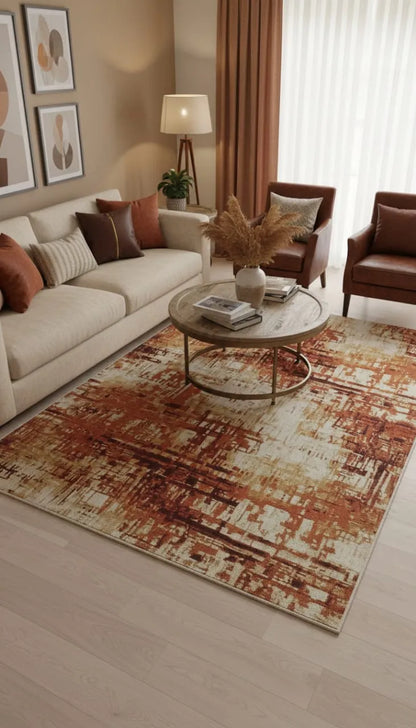 Modern Abstract Rug – Rust & Beige Contemporary Floor Decor 46"×70"