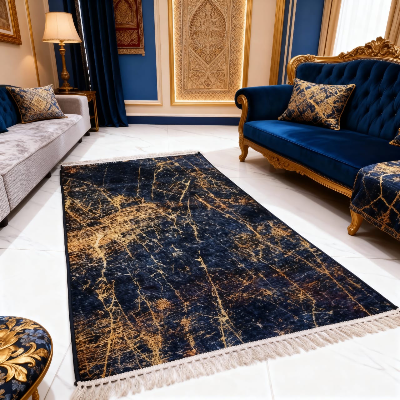 Luxury Blue & Gold Abstract Rug – Elegant Statement Floor Decor 34"×58