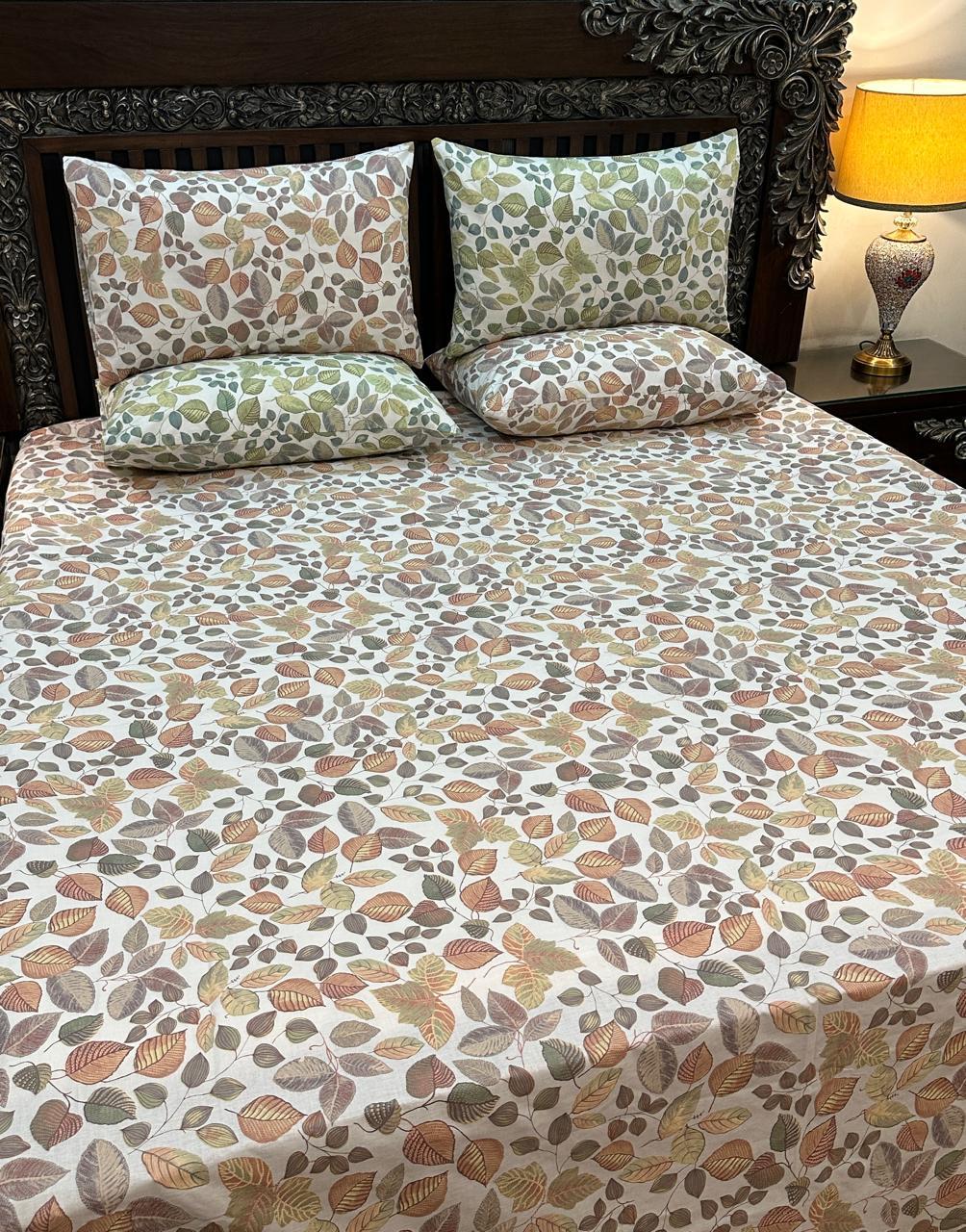 Leaf Pattern Printed Cotton Bedsheet Set with Pillow Covers