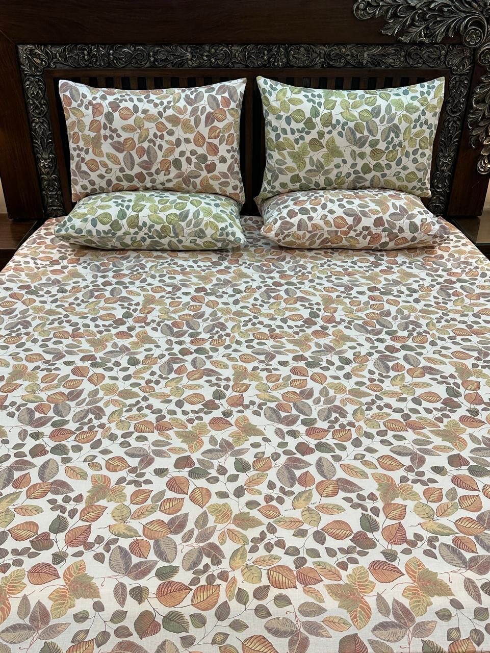 Autumn Leaf Printed Cotton Bedsheet Set with Pillow Covers