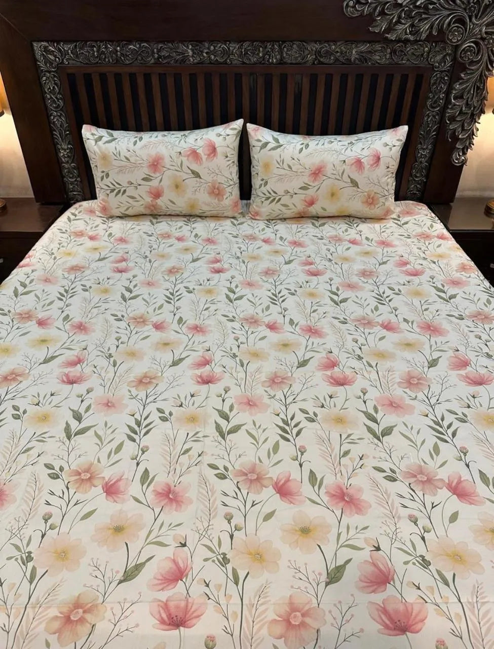 Soft Blossom Floral Printed Cotton Bedsheet Set with Pillow Covers
