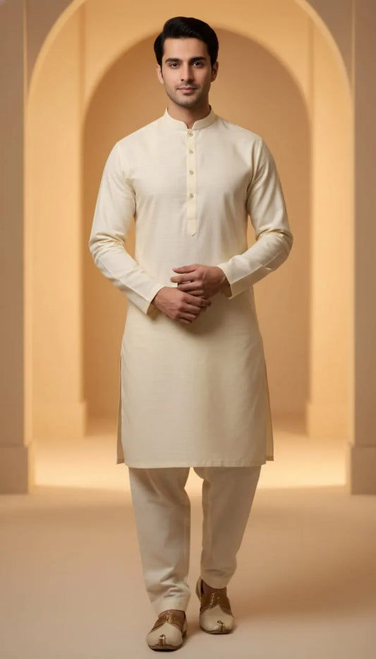 Men’s Off-White Boski Kurta Pajama Set – Luxurious Finish & Timeless Elegance