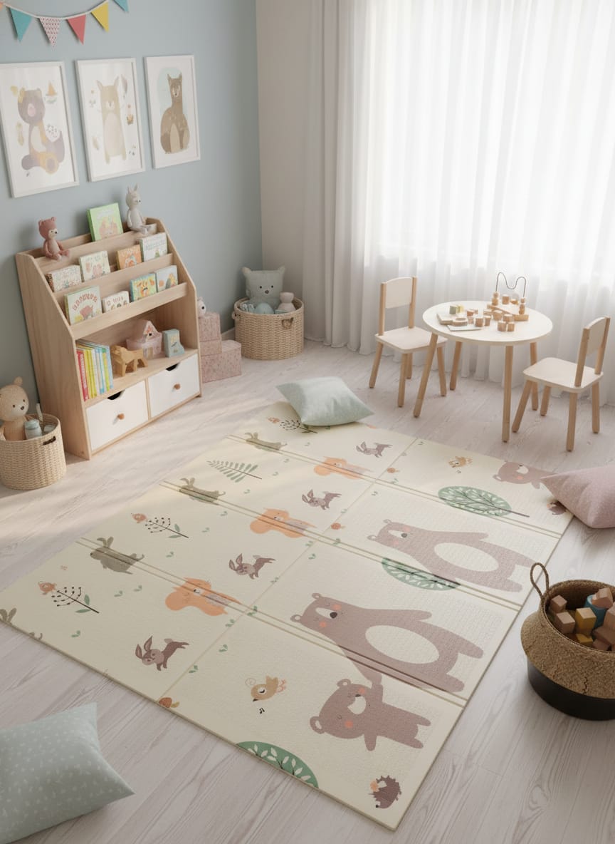 Woodland Animals Kids Rugs – Soft Neutral Nursery & Playroom Floor Rugs