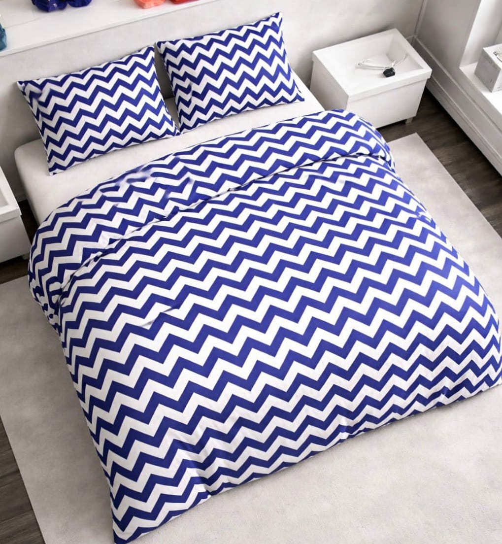 Premium Cotton Zigzag Bedsheet Set – Royal Blue & White