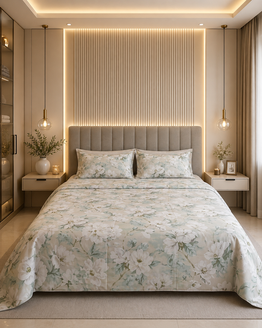 Soft White Floral Cotton Sateen Bedsheet Set – Elegant Design & Luxurious Comfort