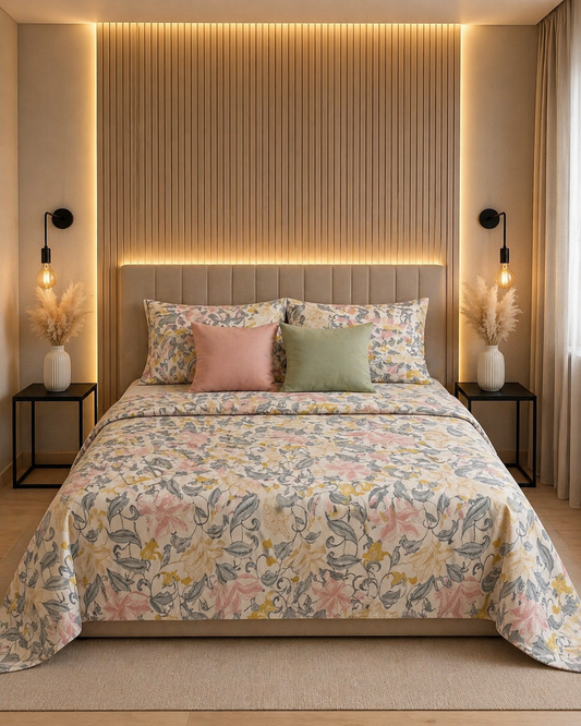 Floral Cotton Satin Bedsheet Set – Soft Pastel Elegance for Everyday Comfort