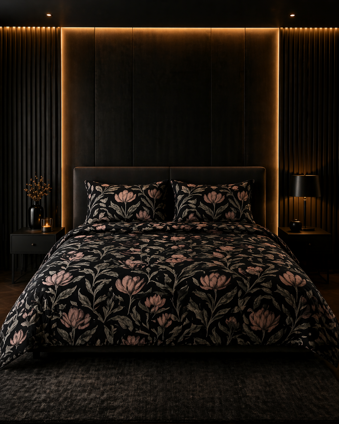 Velvet Night Cotton Bedsheet Set – Dark Floral Elegance
