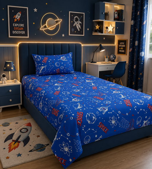 Space Adventure Blue Kids Bedsheet – Rocket & Planet Print for Little Explorers