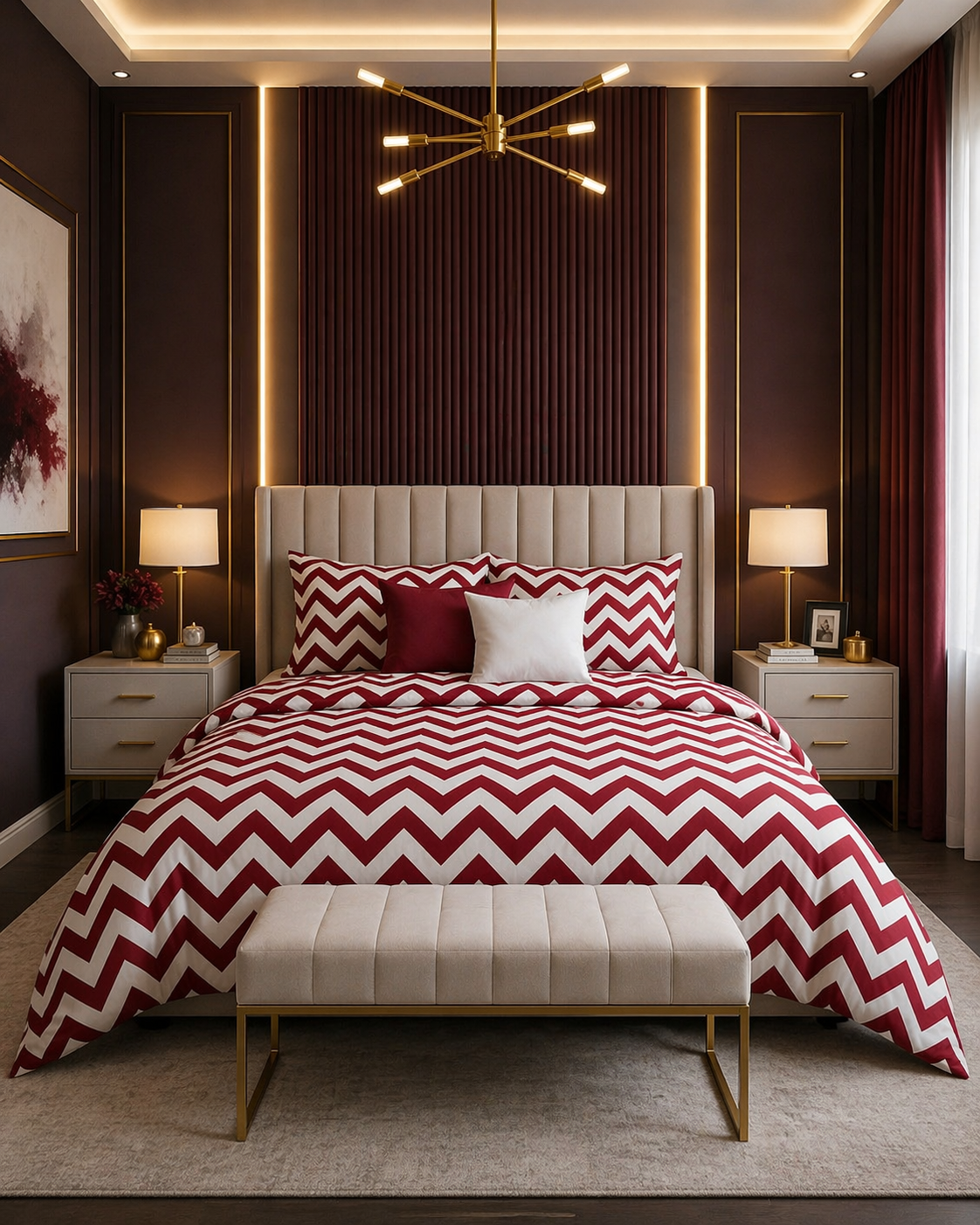 Premium Cotton Zigzag Bedsheet Set – Maroon Red & White