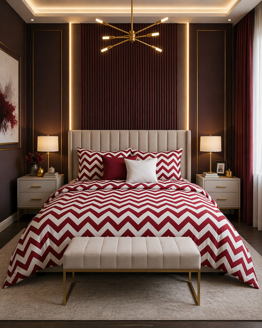 Premium Cotton Zigzag Bedsheet Set – Maroon Red & White