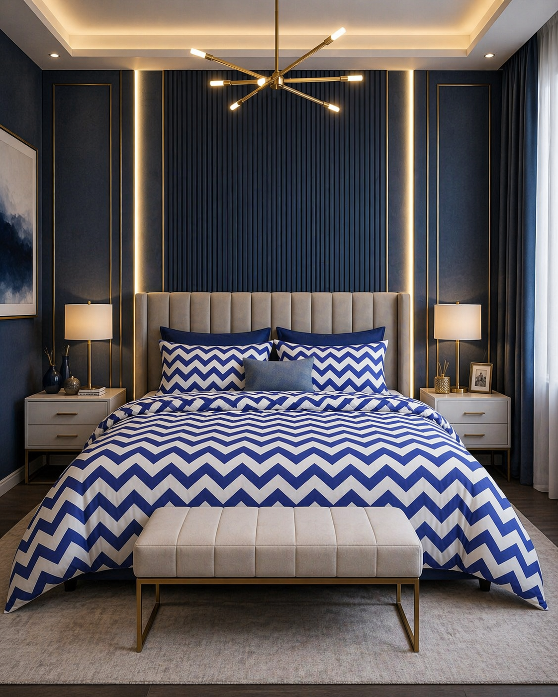 Premium Cotton Zigzag Bedsheet Set – Royal Blue & White