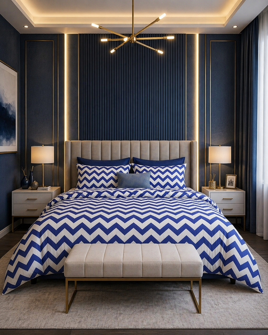 Premium Cotton Zigzag Bedsheet Set – Royal Blue & White